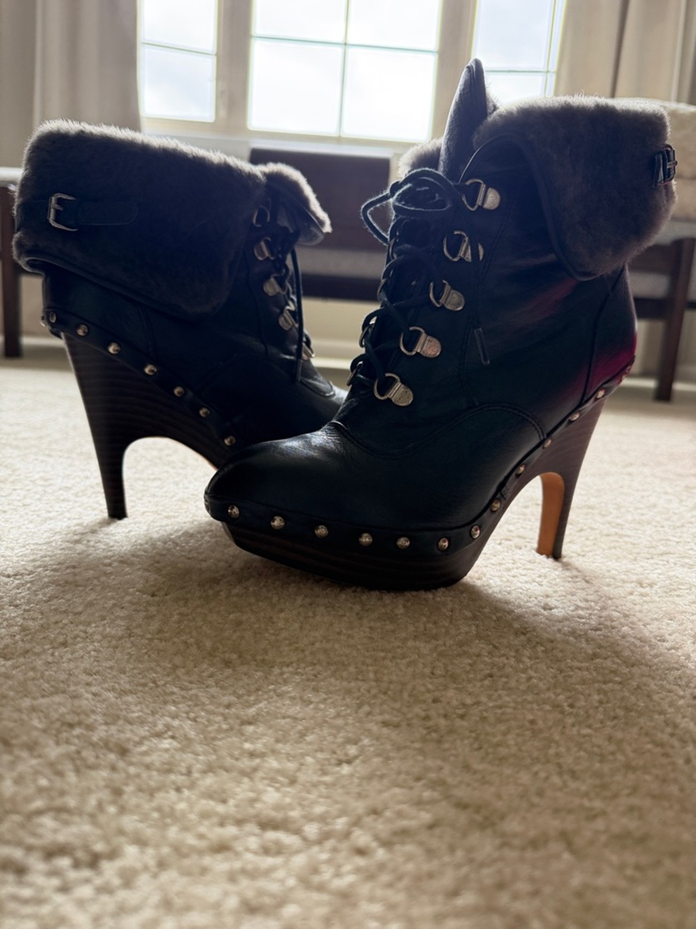 Dolce Vita Black Leather Lace-Up Heeled Ankle Boots with Fur Cuff